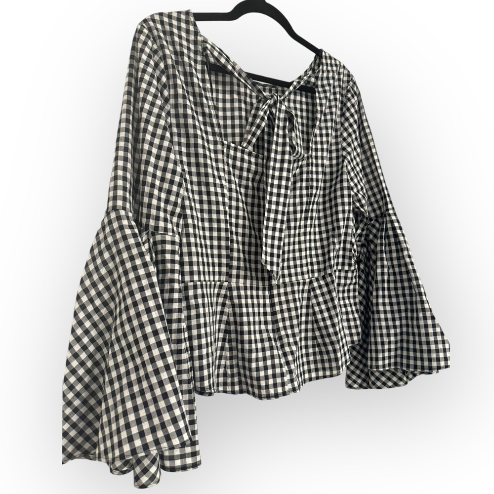 (SOLD) NANETTE LEPORE Gingham Bell-Sleeve Top, Large, Black/White - Picture 10 of 13